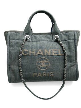 CHANEL Light Blue Denim Medium Deauville Logo Tote Bag SHW